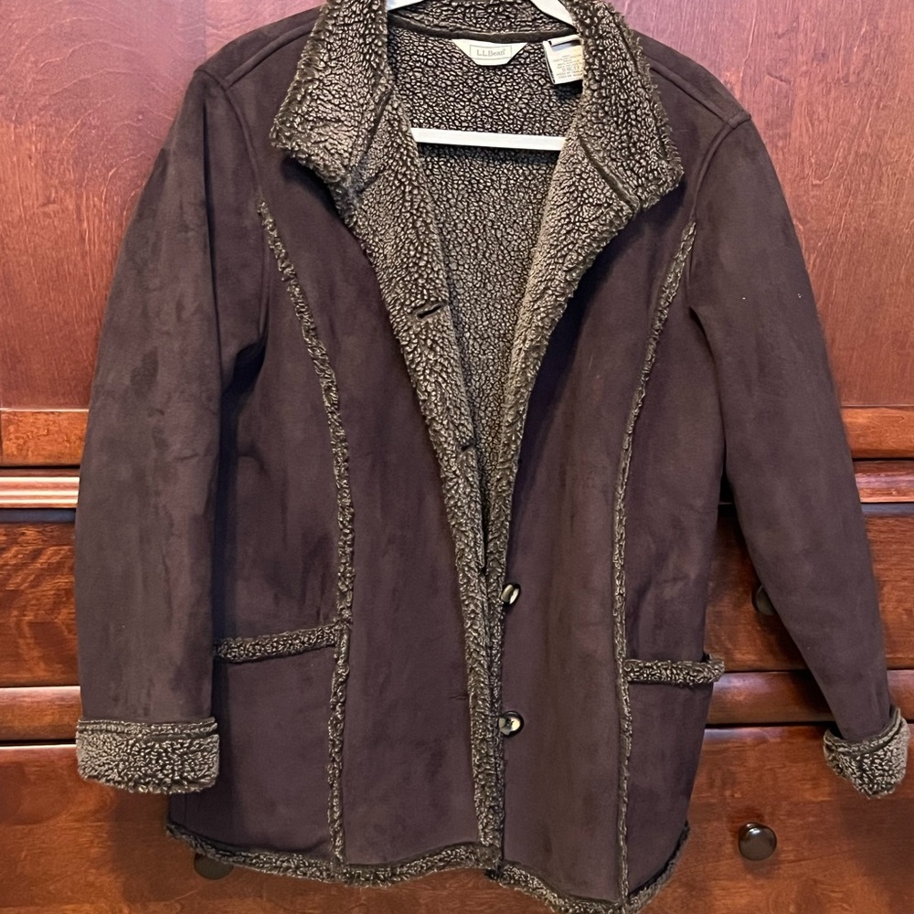 LL Bean Brown Suede Coat with Sherpa lining.